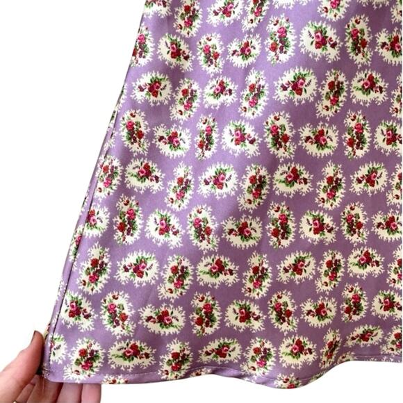 Zara Size M Floral Print Silky Satin Midi Dress Purple With Ruching Long Sleeve - Picture 10 of 12